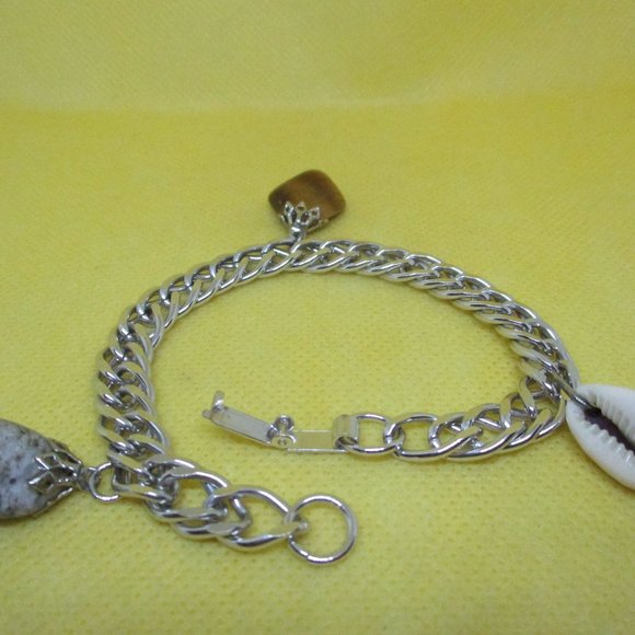 Vintage CHARM BRACELET Silver-Tone Flat Chain Link Charm Bracelet Tiger Eye Gem - Picture 10 of 10